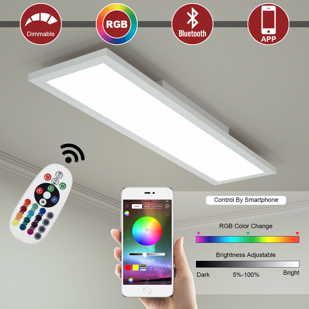 18W RGB LED Ceiling Light with Remote Control, White Ceiling Lights at Gallery Canada