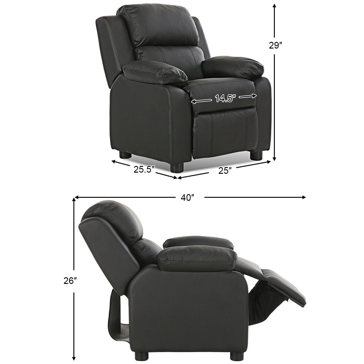 Kids Deluxe Headrest  Recliner Sofa Chair with Storage Arms, Black Kids Chairs & Seating   at Gallery Canada