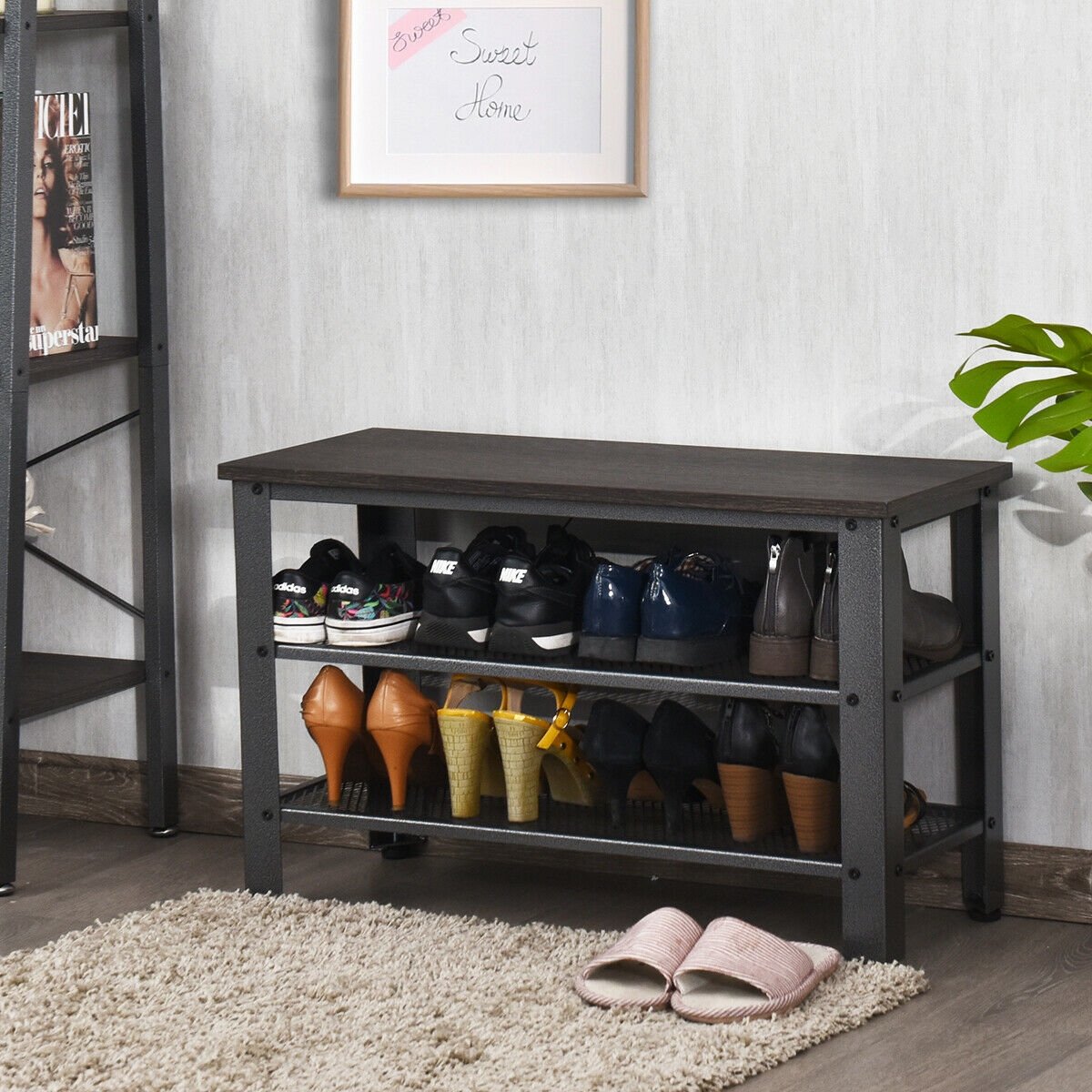 3-Tier Shoe Rack Industrial Shoe Bench with Storage Shelves, Black Shoe Racks & Storage Benches   at Gallery Canada