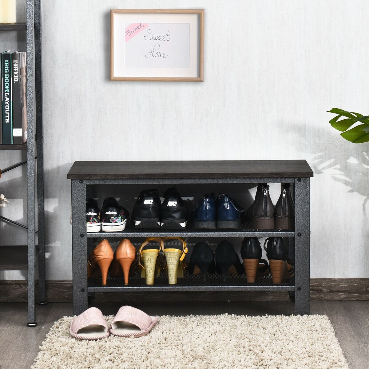 3-Tier Shoe Rack Industrial Shoe Bench with Storage Shelves, Black Shoe Racks & Storage Benches   at Gallery Canada