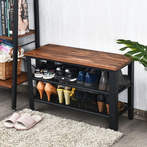 3-Tier Shoe Rack Industrial Shoe Bench with Storage Shelves, Brown