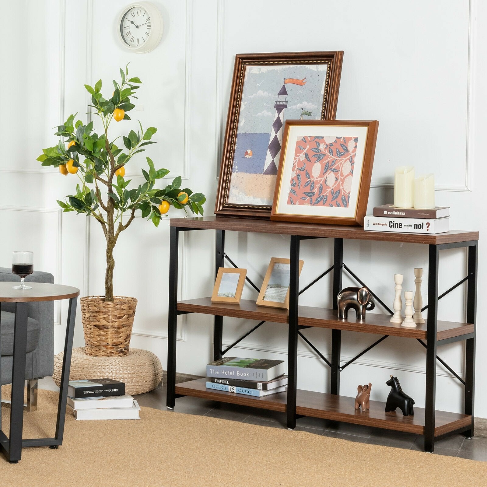 3 Tier 47 Inch Console Metal Frame Sofa Table, Rustic Brown Console Tables   at Gallery Canada