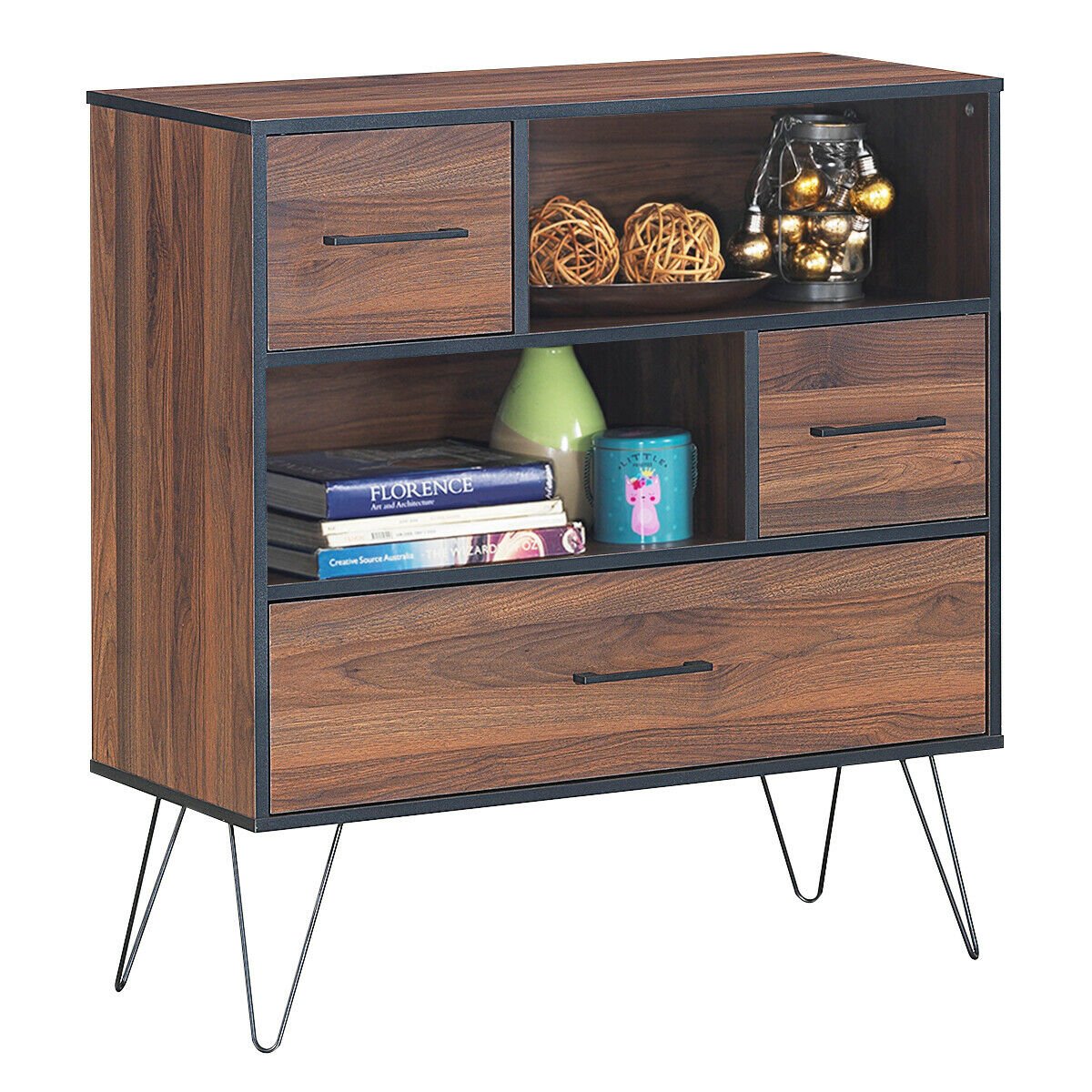 3-Tier Wood Storage Cabinet with Drawers and 4 Metal Legs, Walnut Cabinets & Chests   at Gallery Canada