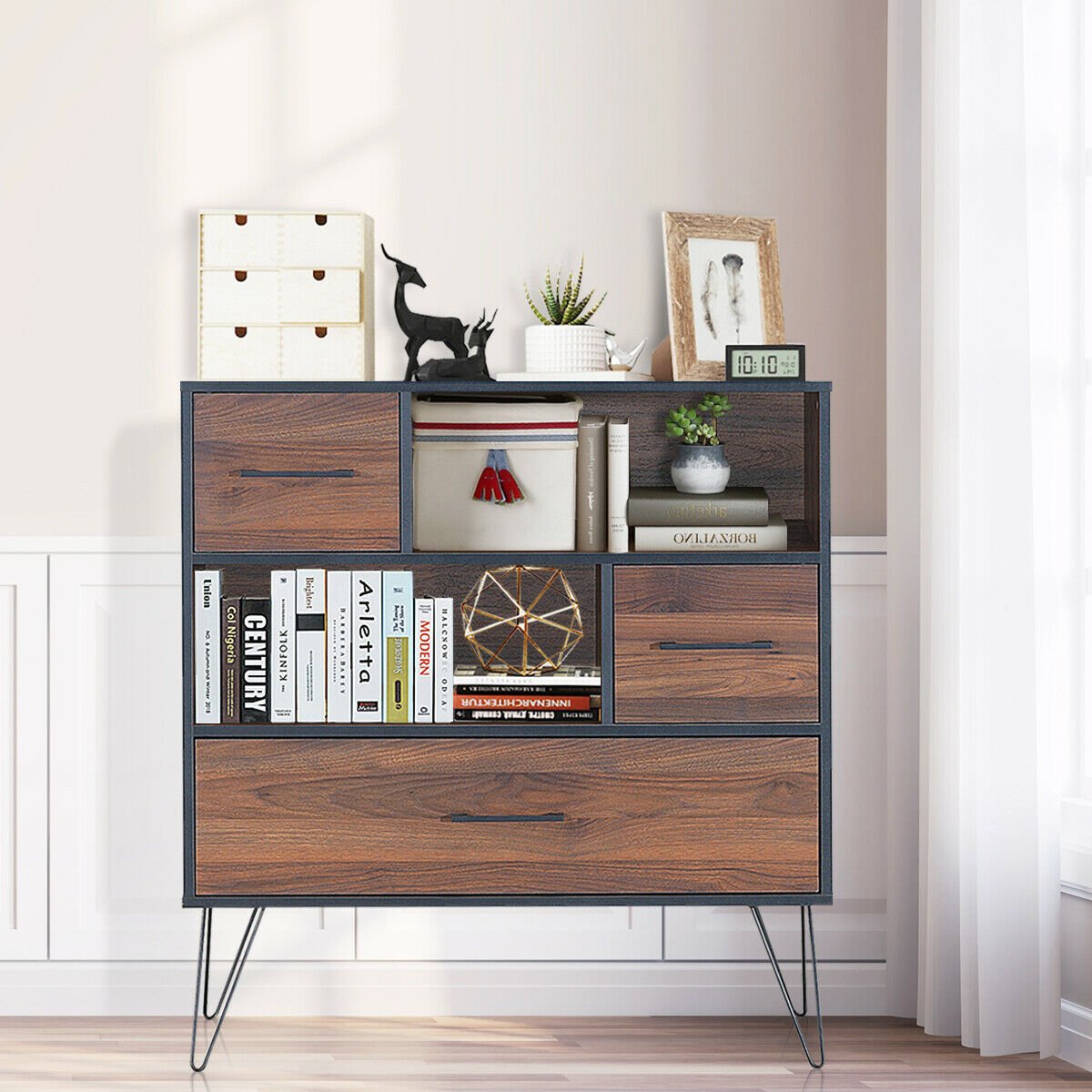 3-Tier Wood Storage Cabinet with Drawers and 4 Metal Legs, Walnut Cabinets & Chests   at Gallery Canada