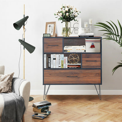 3-Tier Wood Storage Cabinet with Drawers and 4 Metal Legs, Walnut Cabinets & Chests   at Gallery Canada