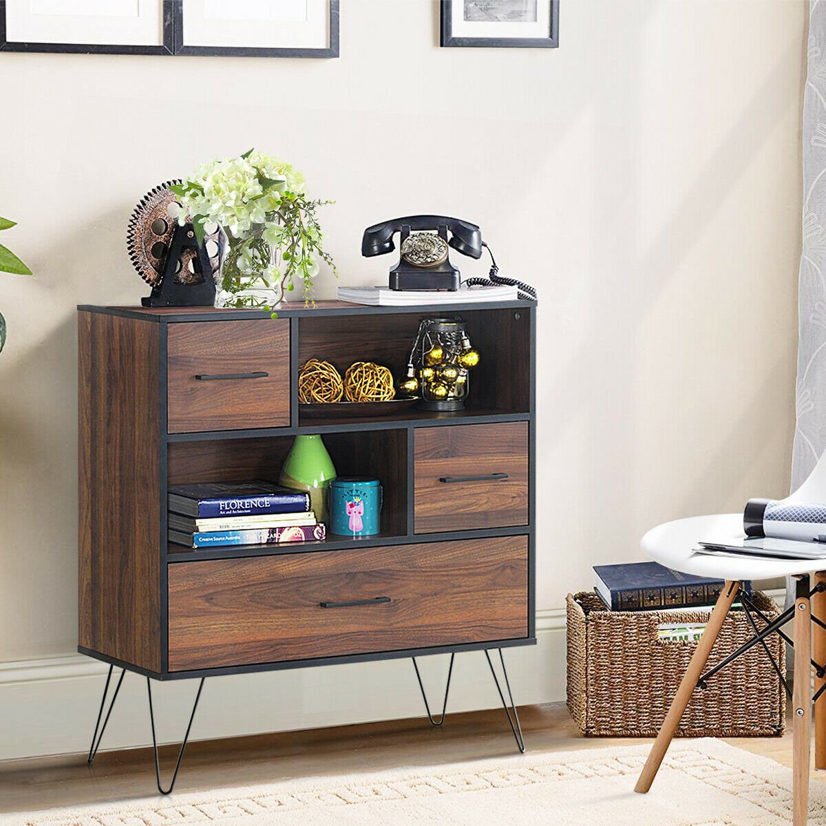 3-Tier Wood Storage Cabinet with Drawers and 4 Metal Legs, Walnut Cabinets & Chests   at Gallery Canada