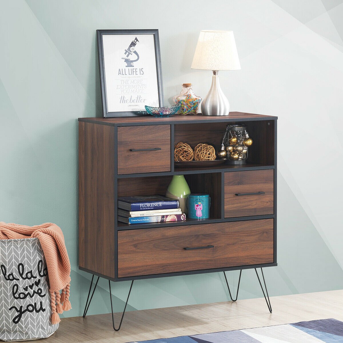 3-Tier Wood Storage Cabinet with Drawers and 4 Metal Legs, Walnut Cabinets & Chests   at Gallery Canada