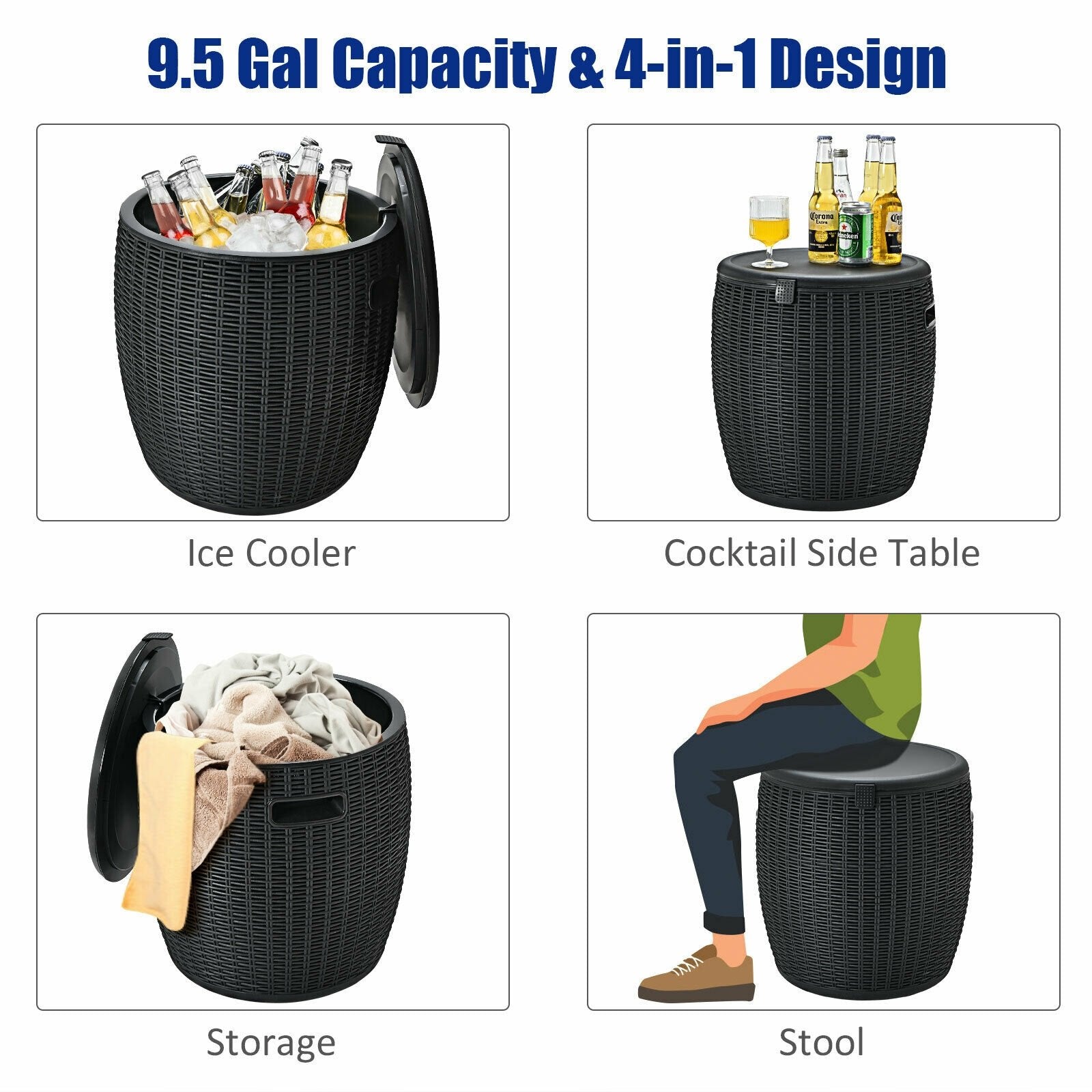 9.5 Gallon 4-in-1 Patio Rattan Cool Bar Cocktail Table Side Table, Black Coolers   at Gallery Canada