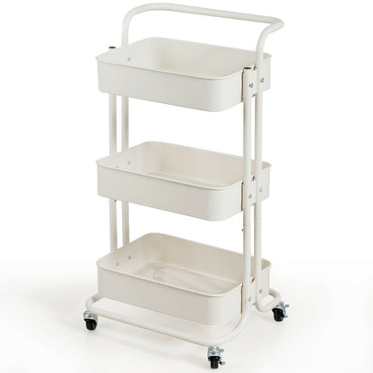 3-Tier Metal Rolling Storage Cart Trolley 2 Brakes with Handle, White - Gallery Canada