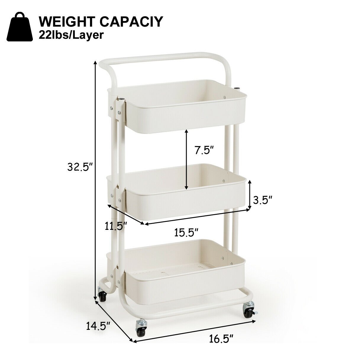 3-Tier Metal Rolling Storage Cart Trolley 2 Brakes with Handle, White - Gallery Canada