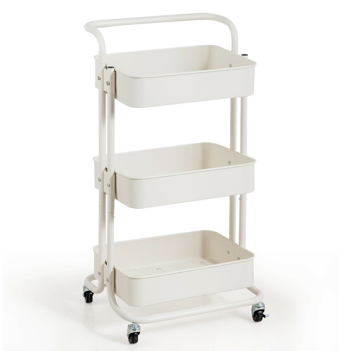 3-Tier Metal Rolling Storage Cart Trolley 2 Brakes with Handle, White - Gallery Canada