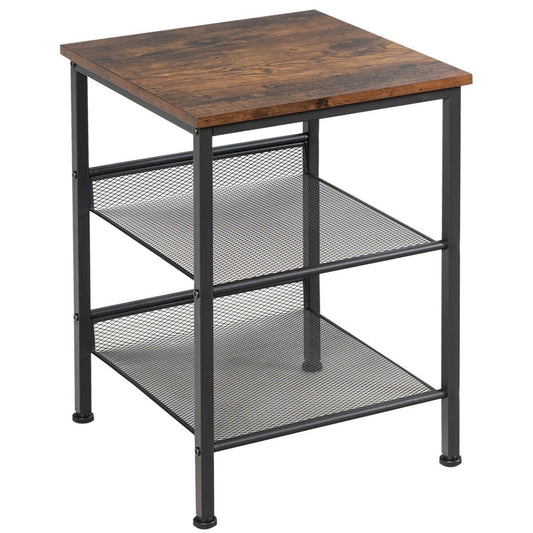 3-Tier Industrial End Table with Mesh Shelves and Adjustable Shelves, Rustic Brown - Gallery Canada