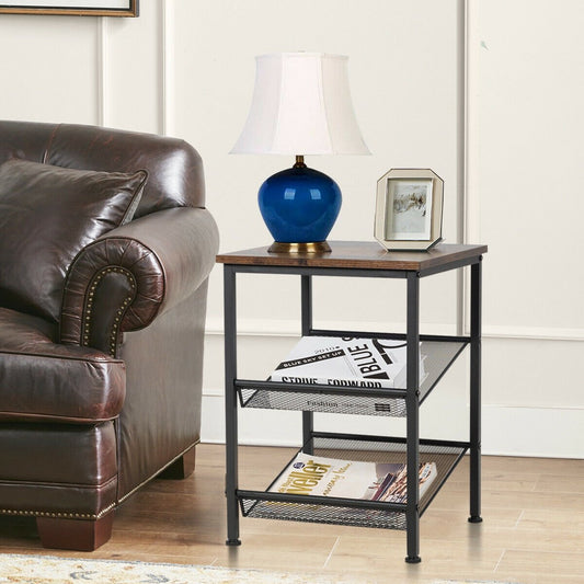 3-Tier Industrial End Table with Mesh Shelves and Adjustable Shelves, Rustic Brown End & Side Tables   at Gallery Canada