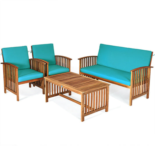 4PCS Patio Solid Wood Furniture Set, Blue Patio Conversation Sets   at Gallery Canada