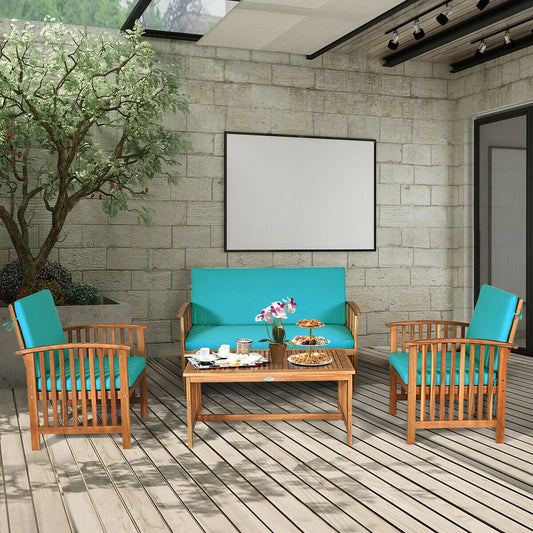 4PCS Patio Solid Wood Furniture Set, Blue Patio Conversation Sets   at Gallery Canada