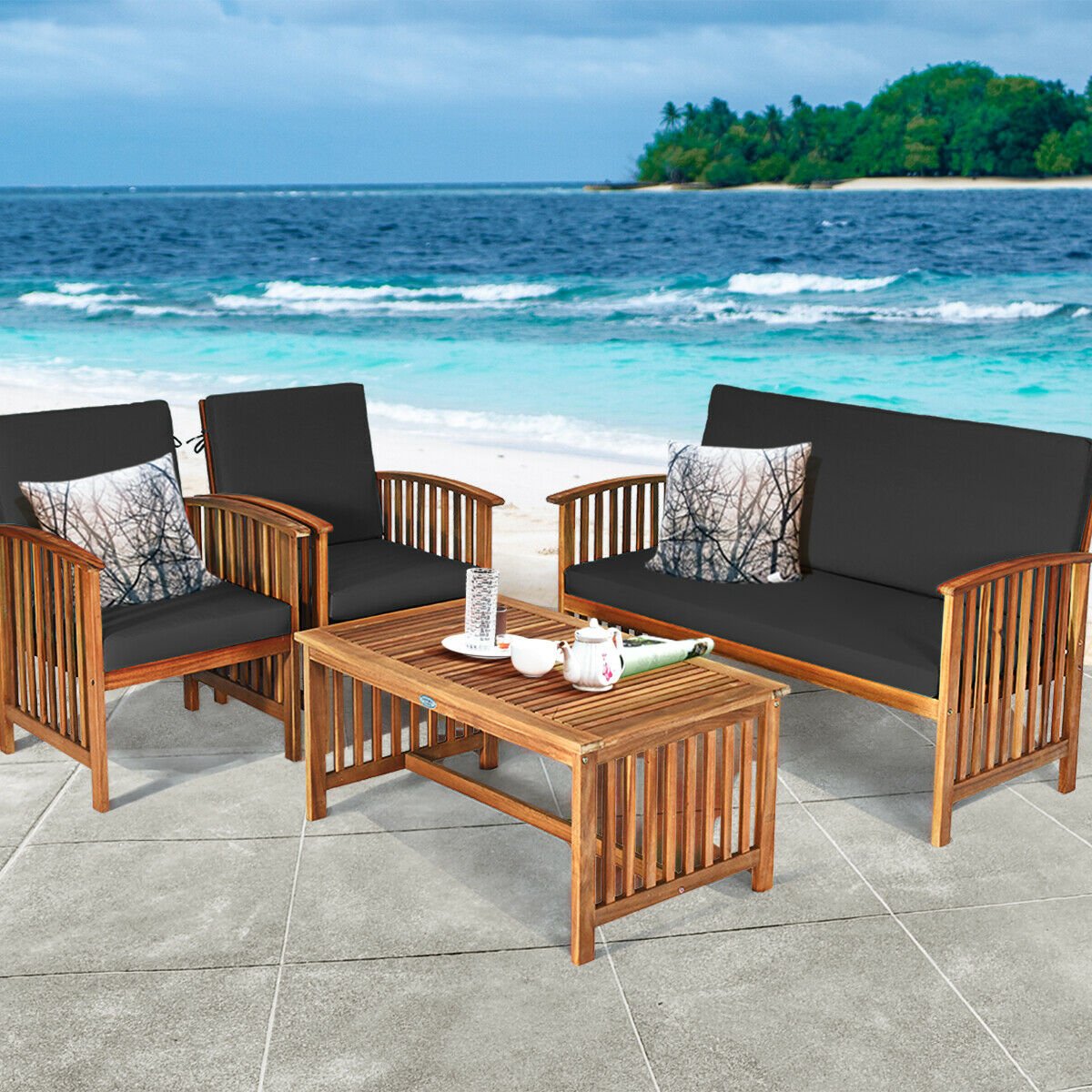 4PCS Patio Solid Wood Furniture Set, Black Patio Conversation Sets   at Gallery Canada