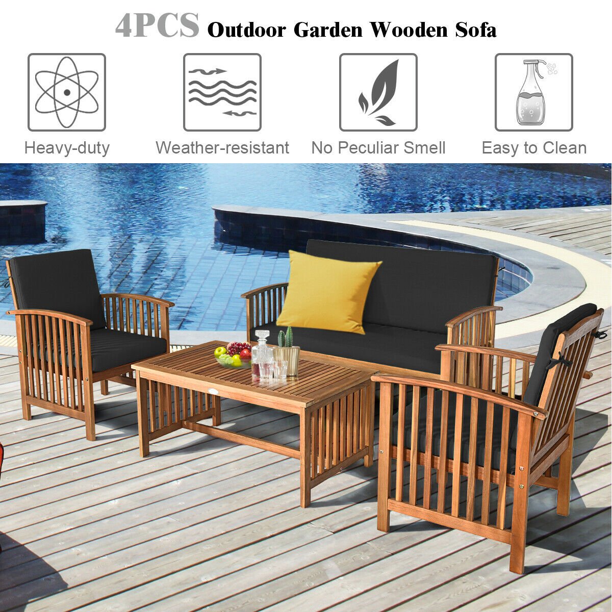 4PCS Patio Solid Wood Furniture Set, Black Patio Conversation Sets   at Gallery Canada