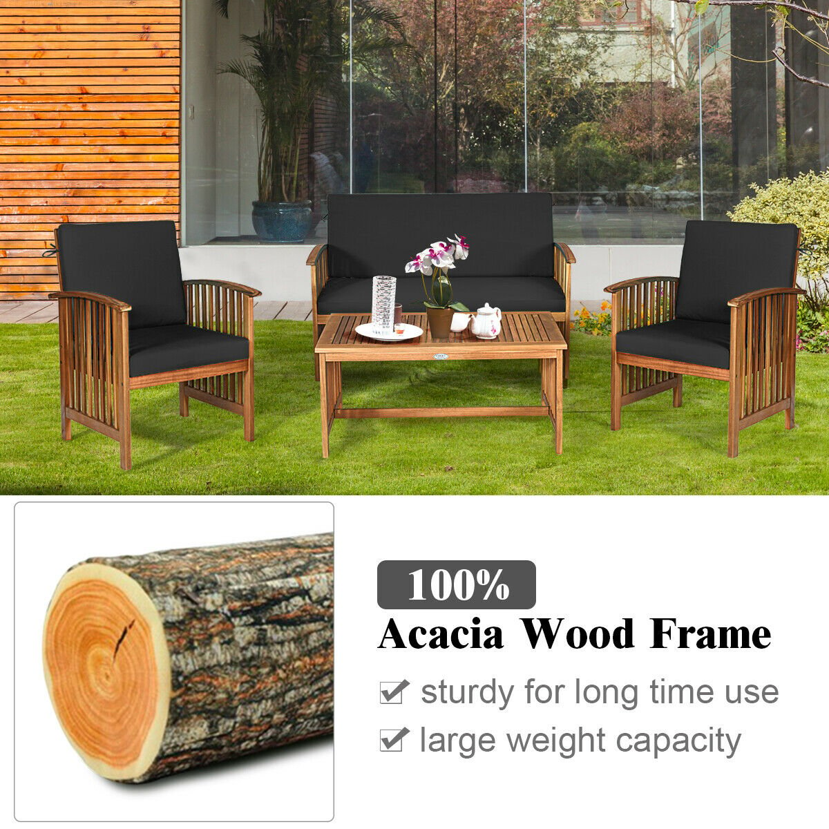 4PCS Patio Solid Wood Furniture Set, Black Patio Conversation Sets   at Gallery Canada