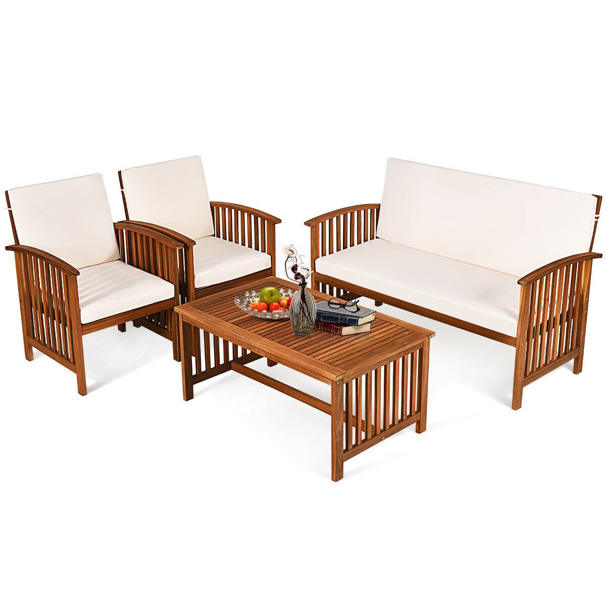 4PCS Patio Solid Wood Furniture Set, Beige - Gallery Canada