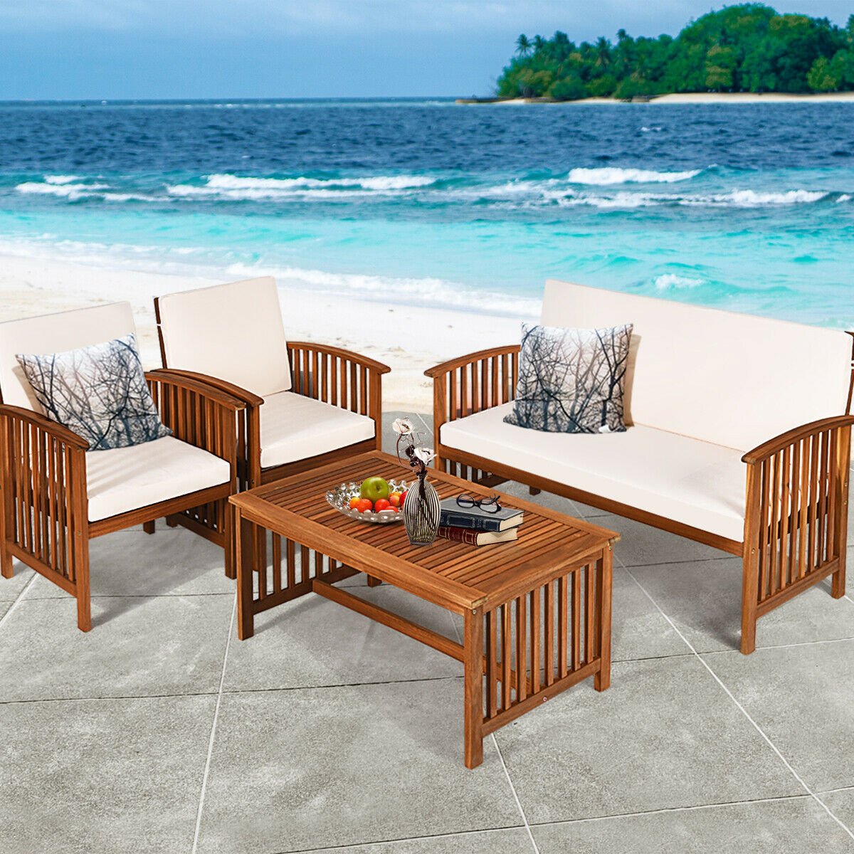 4PCS Patio Solid Wood Furniture Set, Beige Patio Conversation Sets   at Gallery Canada