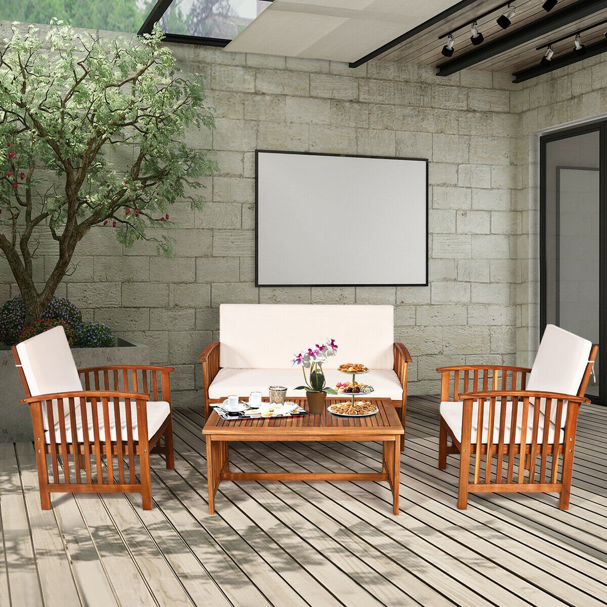 4PCS Patio Solid Wood Furniture Set, Beige Patio Conversation Sets   at Gallery Canada