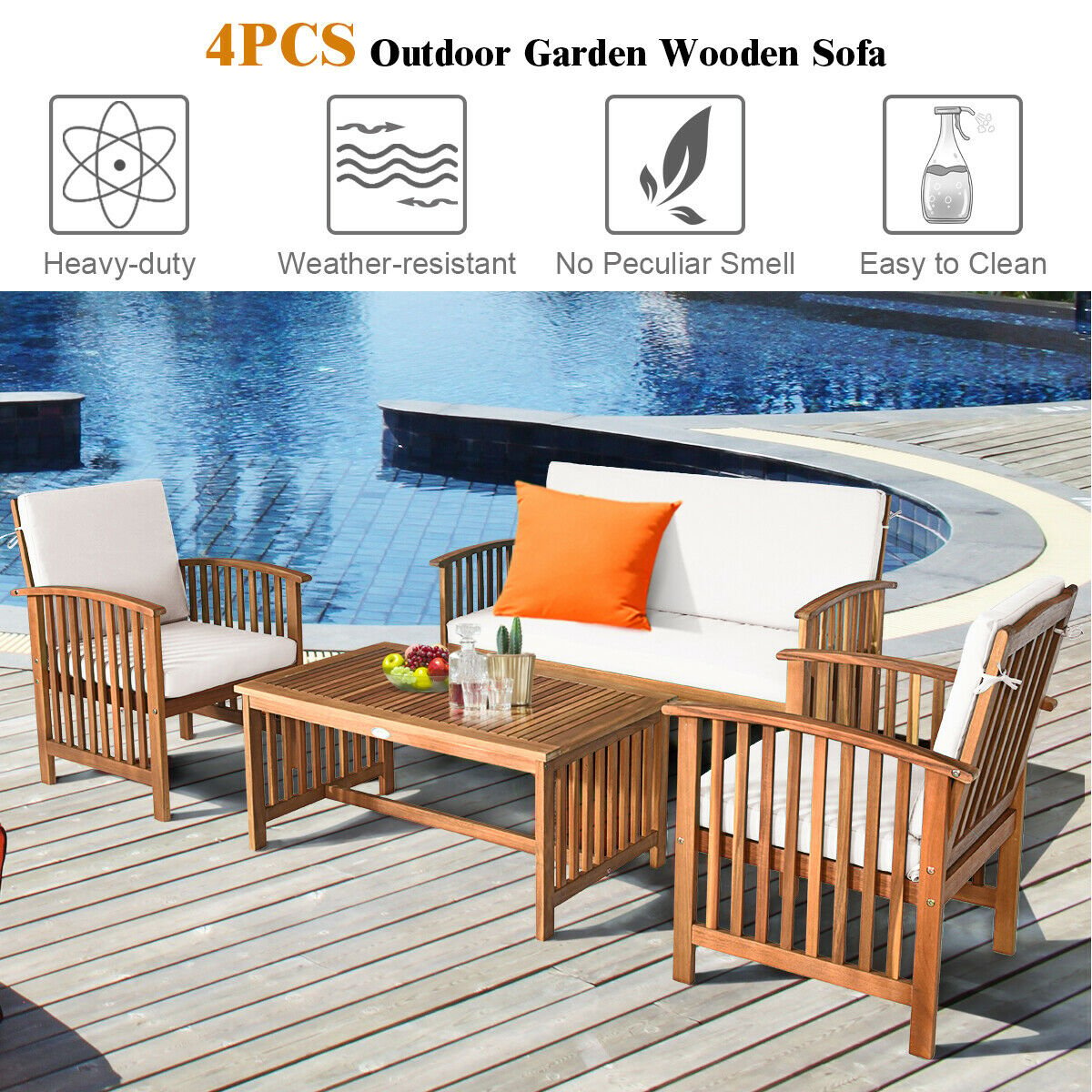 4PCS Patio Solid Wood Furniture Set, Beige Patio Conversation Sets   at Gallery Canada