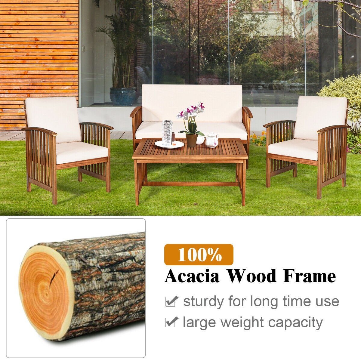 4PCS Patio Solid Wood Furniture Set, Beige Patio Conversation Sets   at Gallery Canada