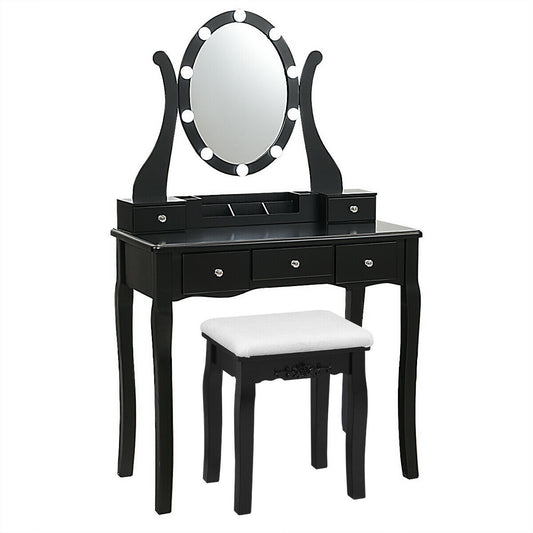 10 Dimmable Lights Vanity Table Set with Lighted Mirror and Cushioned Stool, Black Makeup Vanities Black  at Gallery Canada