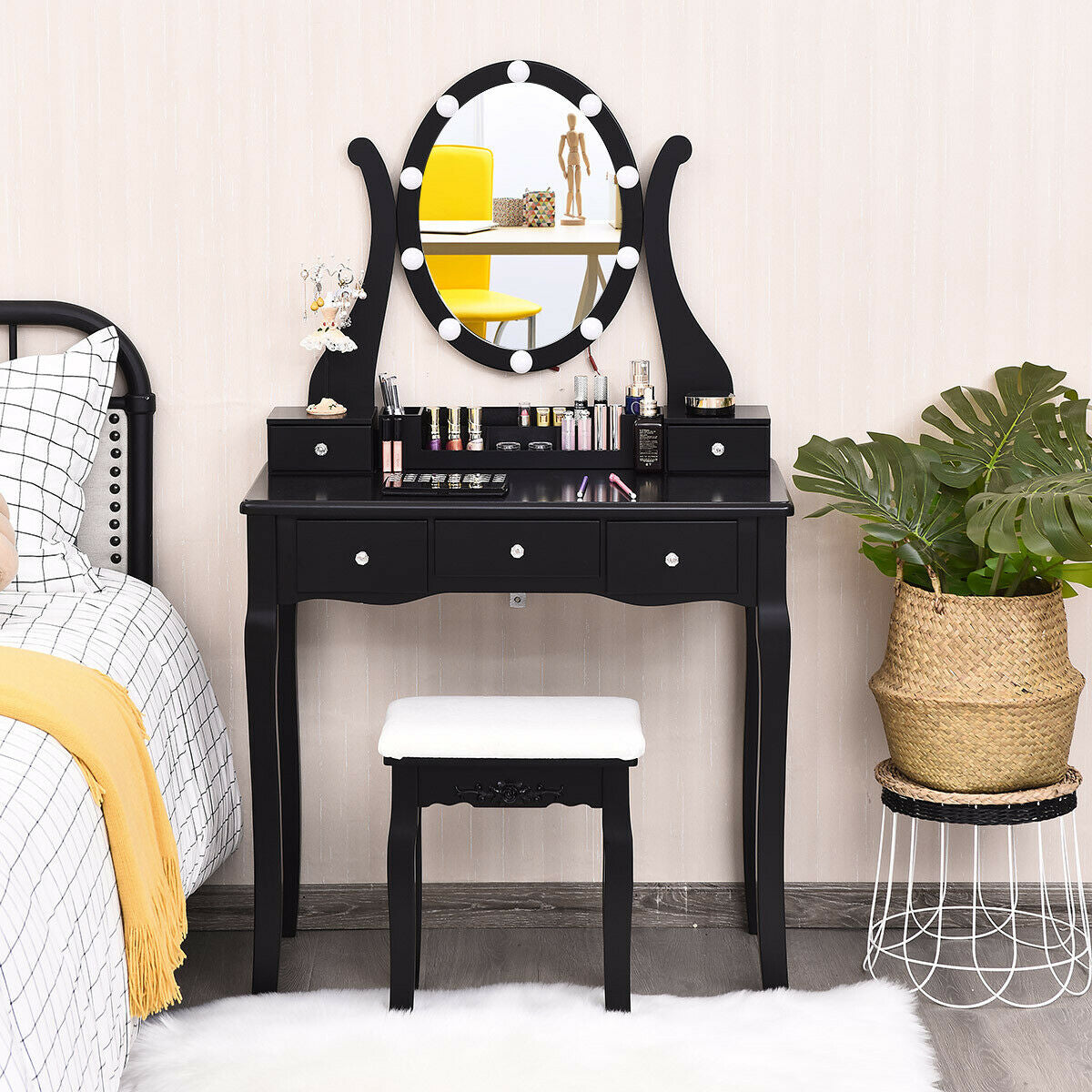 10 Dimmable Lights Vanity Table Set with Lighted Mirror and Cushioned Stool, Black Makeup Vanities   at Gallery Canada