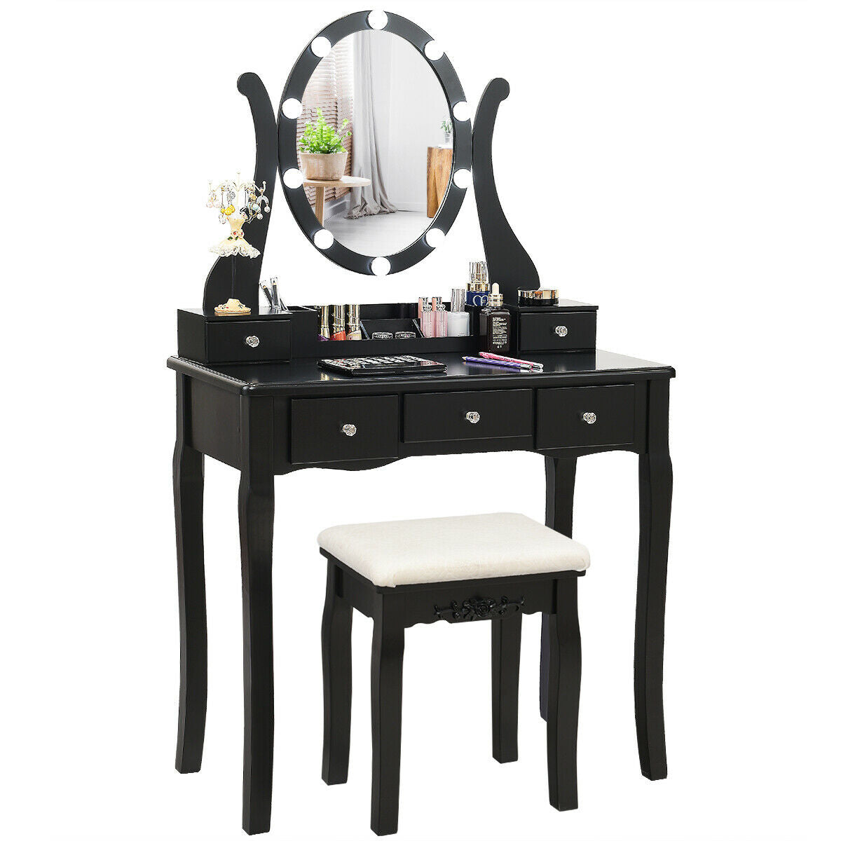 10 Dimmable Lights Vanity Table Set with Lighted Mirror and Cushioned Stool, Black Makeup Vanities   at Gallery Canada