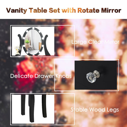 10 Dimmable Lights Vanity Table Set with Lighted Mirror and Cushioned Stool, Black Makeup Vanities   at Gallery Canada