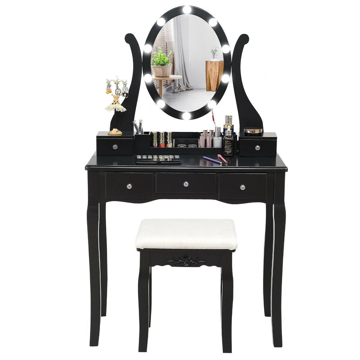 10 Dimmable Lights Vanity Table Set with Lighted Mirror and Cushioned Stool, Black Makeup Vanities   at Gallery Canada