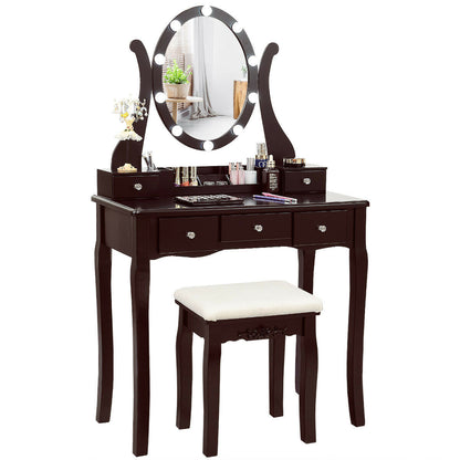 10 Dimmable Lights Vanity Table Set with Lighted Mirror and Cushioned Stool, Brown Makeup Vanities   at Gallery Canada