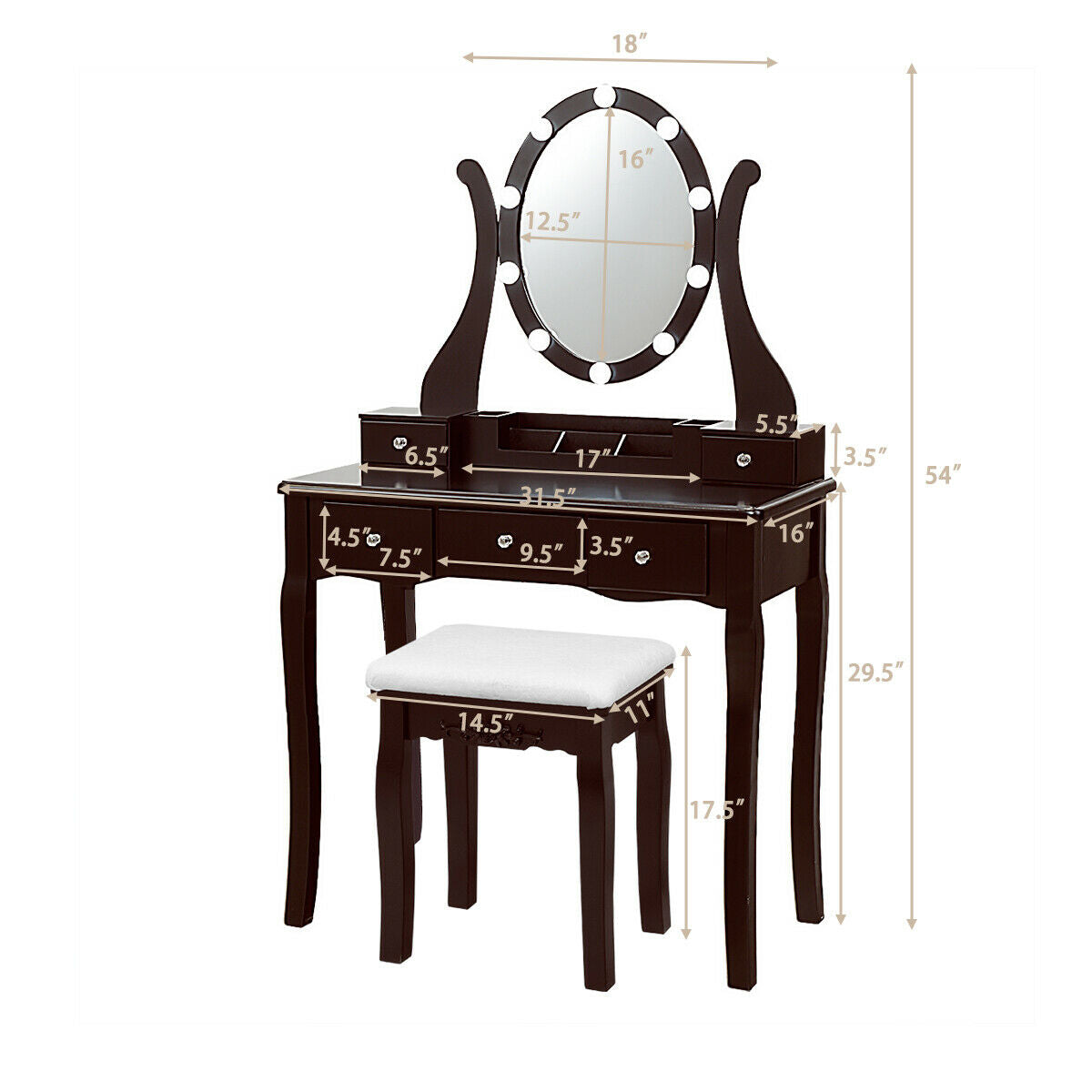 10 Dimmable Lights Vanity Table Set with Lighted Mirror and Cushioned Stool, Brown Makeup Vanities   at Gallery Canada