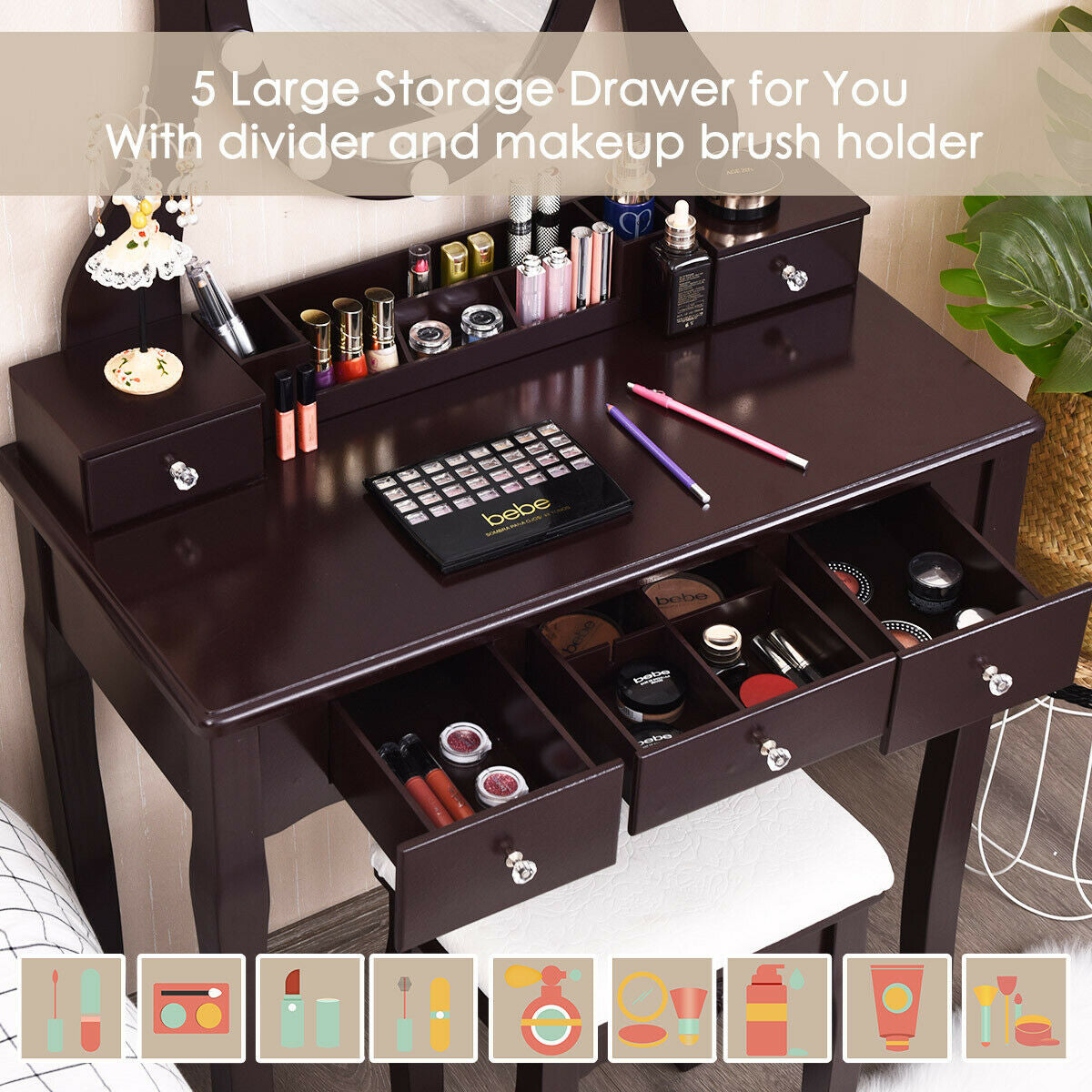 10 Dimmable Lights Vanity Table Set with Lighted Mirror and Cushioned Stool, Brown Makeup Vanities   at Gallery Canada