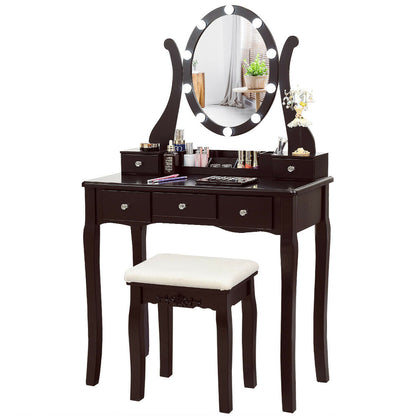 10 Dimmable Lights Vanity Table Set with Lighted Mirror and Cushioned Stool, Brown Makeup Vanities   at Gallery Canada