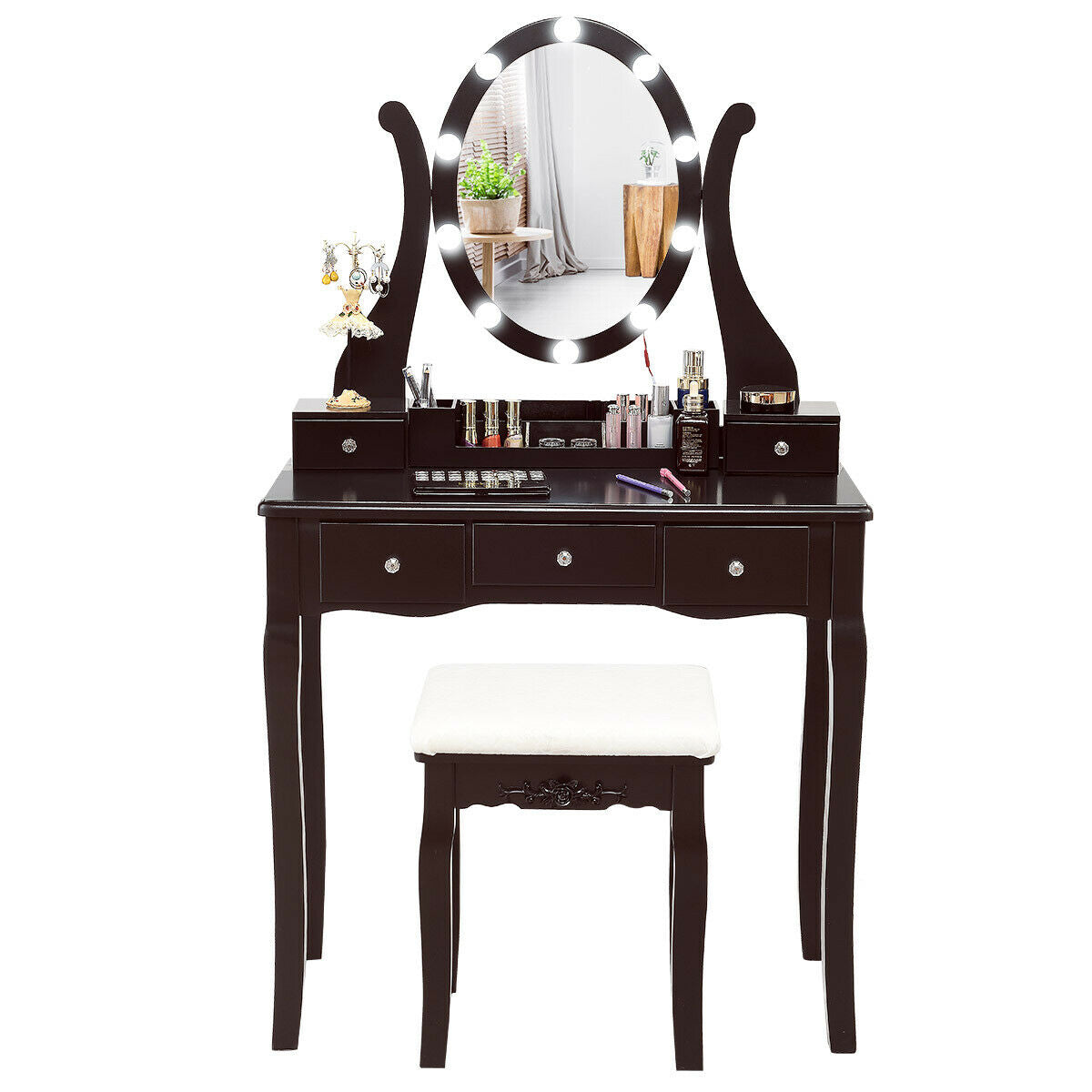 10 Dimmable Lights Vanity Table Set with Lighted Mirror and Cushioned Stool, Brown Makeup Vanities   at Gallery Canada