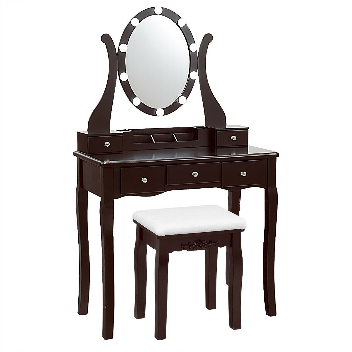 10 Dimmable Lights Vanity Table Set with Lighted Mirror and Cushioned Stool, Brown Makeup Vanities Brown  at Gallery Canada