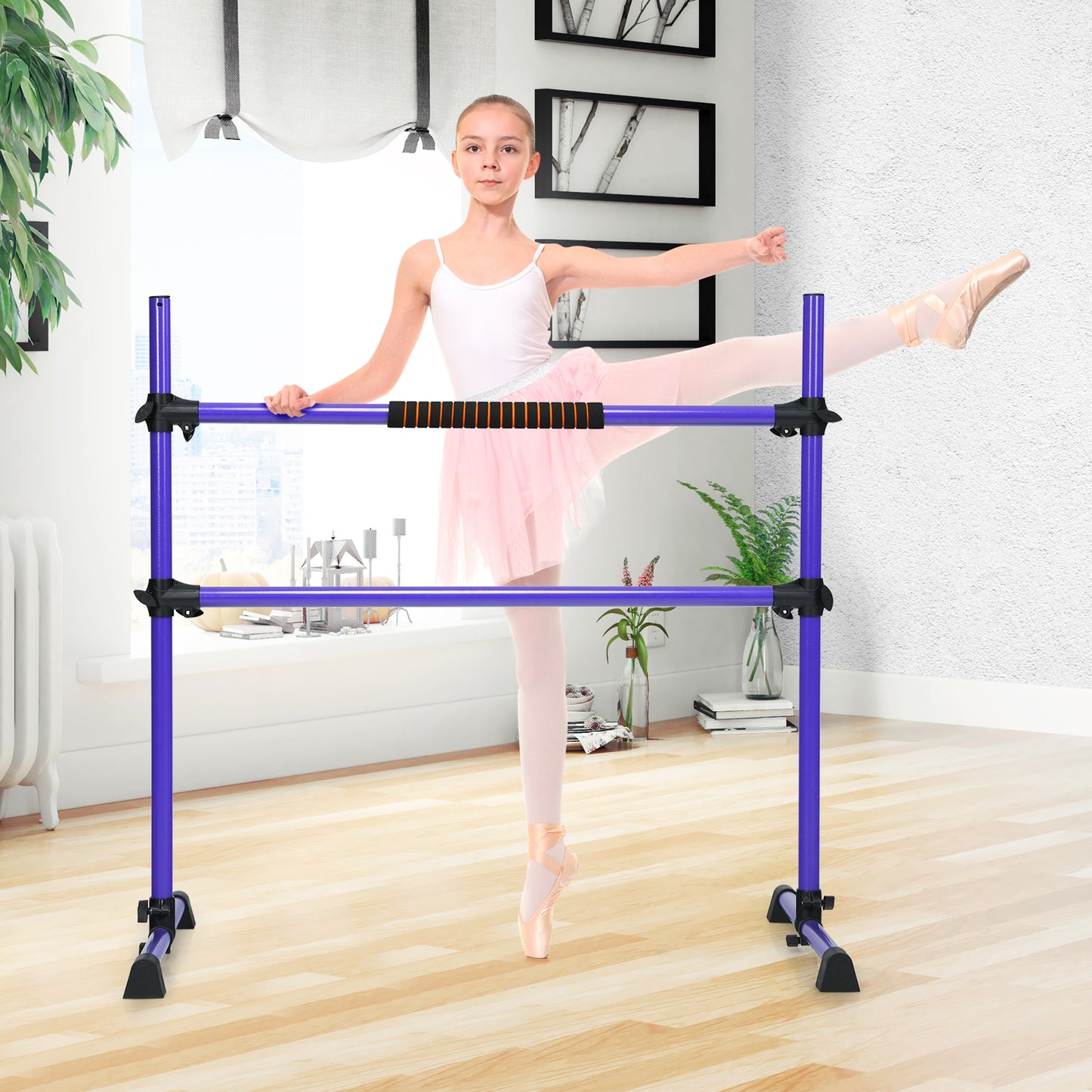 4 Feet Portable Freestanding Stable Construction Pilates Ballet Barre with Double Dance Bar, Purple Yoga Accessories   at Gallery Canada