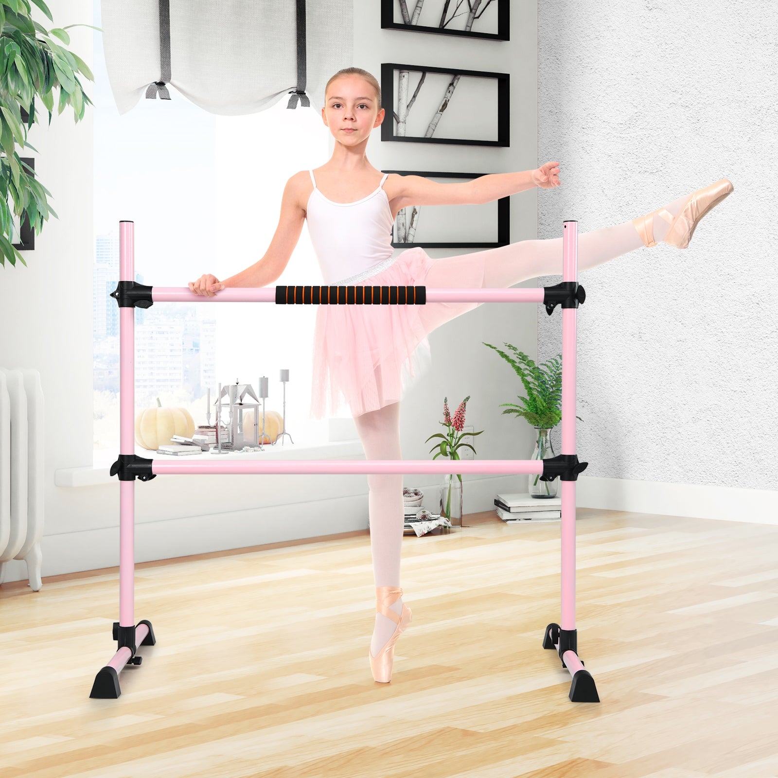 4 Feet Portable Freestanding Stable Construction Pilates Ballet Barre with Double Dance Bar, Pink Yoga Accessories   at Gallery Canada