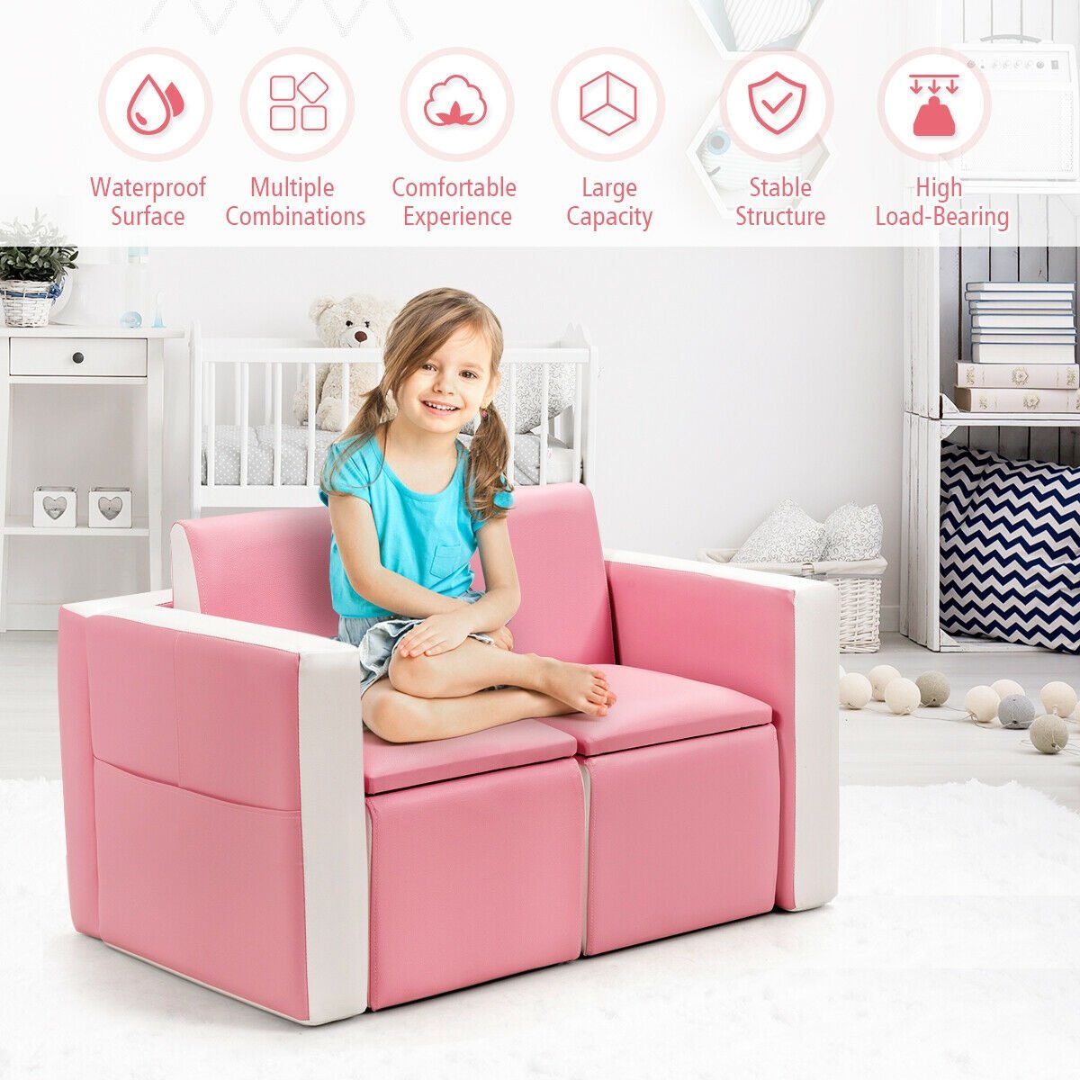 Multi-functional Kids Sofa Table Chair Set, Pink Kids Table & Chair Sets   at Gallery Canada