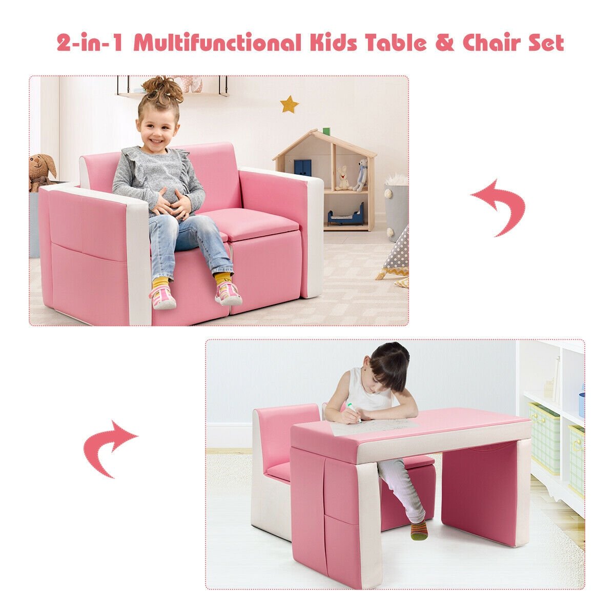 Multi-functional Kids Sofa Table Chair Set, Pink Kids Table & Chair Sets   at Gallery Canada