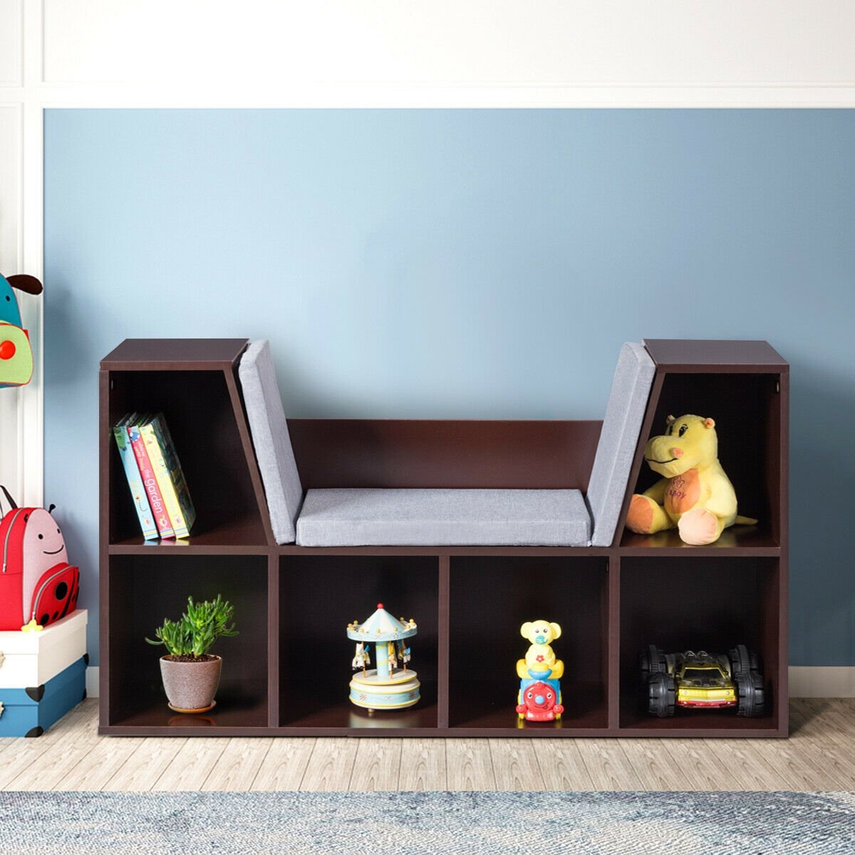 6-Cubby Kid Storage Bookcase Cushioned Reading Nook, Brown - Gallery Canada