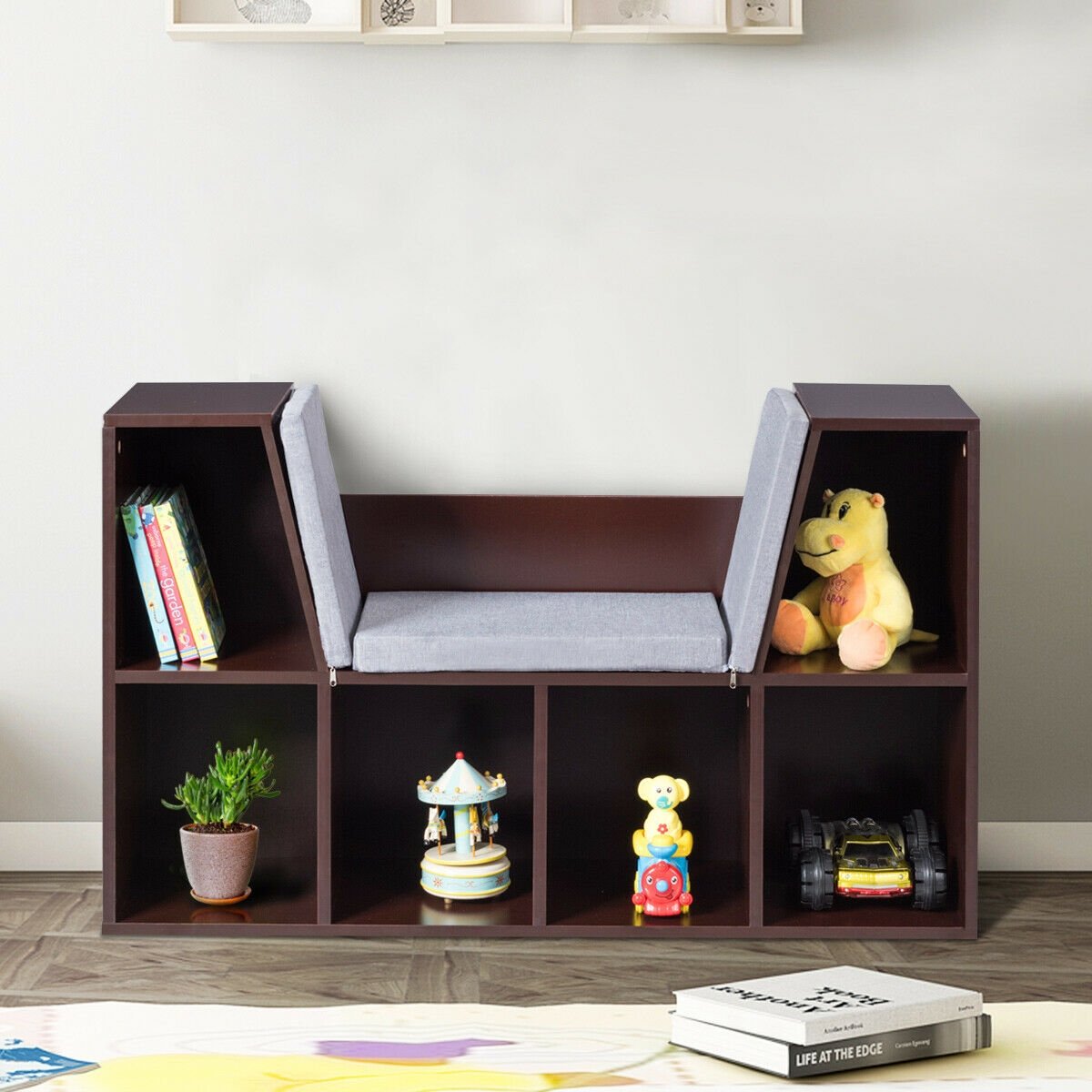 6-Cubby Kid Storage Bookcase Cushioned Reading Nook, Brown - Gallery Canada