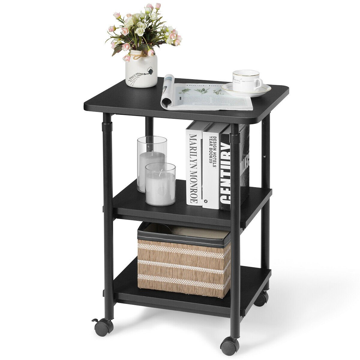 3-tier Adjustable Printer Stand with 360° Swivel Casters, Black Laptop Tables & Printer Stands   at Gallery Canada