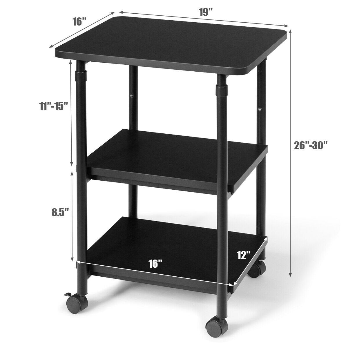 3-tier Adjustable Printer Stand with 360° Swivel Casters, Black Laptop Tables & Printer Stands   at Gallery Canada