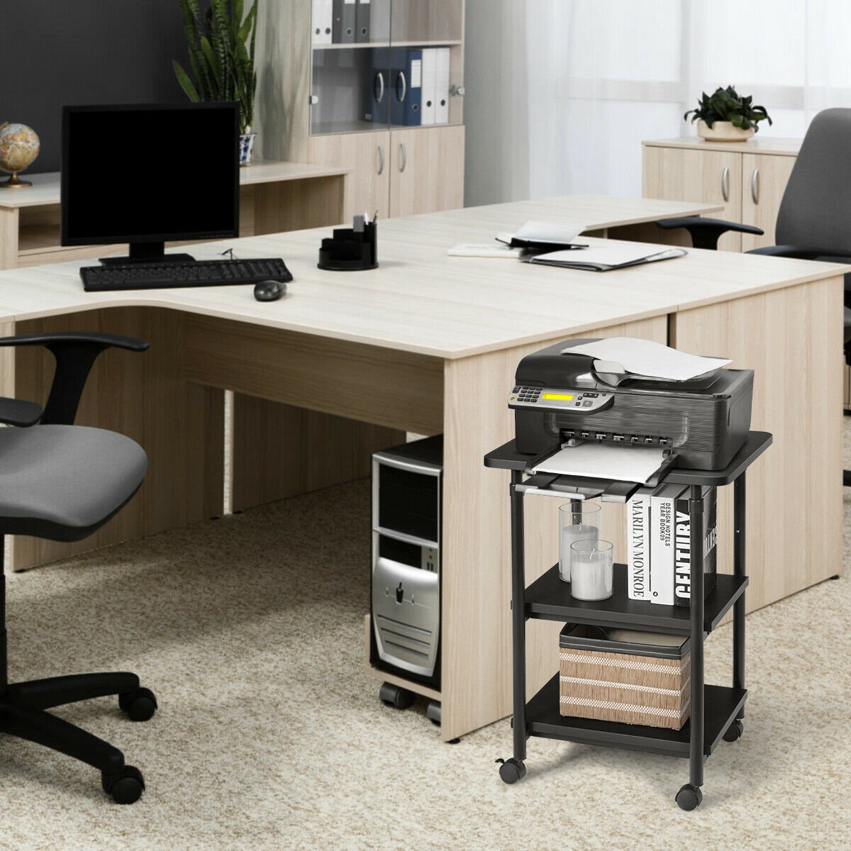 3-tier Adjustable Printer Stand with 360° Swivel Casters, Black Laptop Tables & Printer Stands   at Gallery Canada