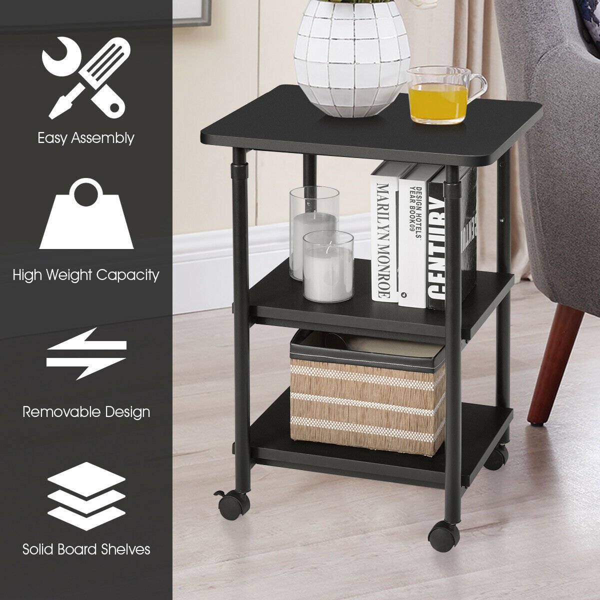 3-tier Adjustable Printer Stand with 360° Swivel Casters, Black Laptop Tables & Printer Stands   at Gallery Canada