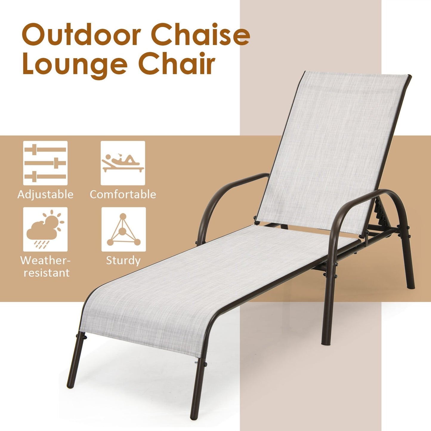 Adjustable Patio Chaise Outdoor Folding Lounge Chair with Adjustable Backrest, Gray Outdoor Chaise Lounges   at Gallery Canada