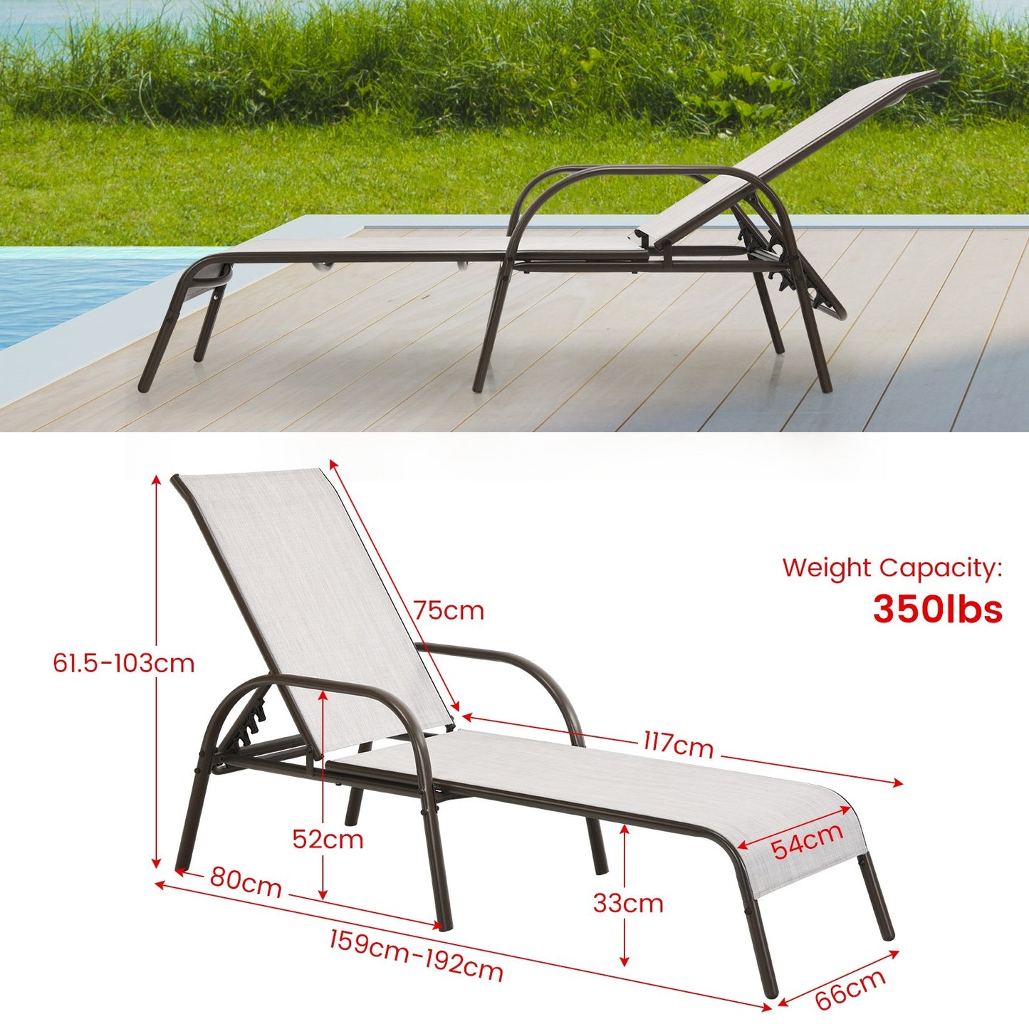 Adjustable Patio Chaise Outdoor Folding Lounge Chair with Adjustable Backrest, Gray Outdoor Chaise Lounges   at Gallery Canada